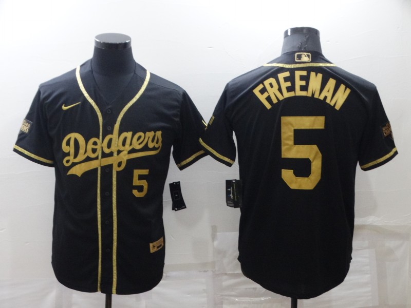 Men's Black Los Angeles Dodgers #5 Freddie Freeman Gold Cool Base Stitched Baseball Jersey